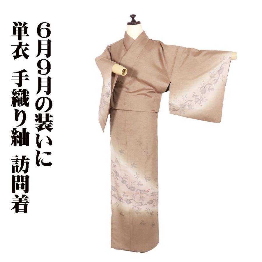 単衣 手織り紬 訪問着 正絹 茶 ベージュ 松煙染 鳥 鹿 唐花 Sサイズ 