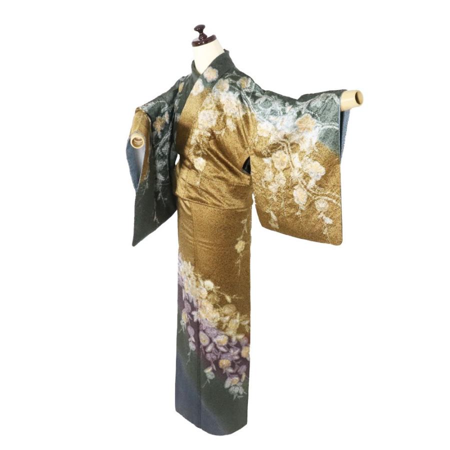 辻が花訪問着 袷 正絹 金茶 緑 赤紫 紺 暈し 絞り 辻が花 金箔 銀箔  
