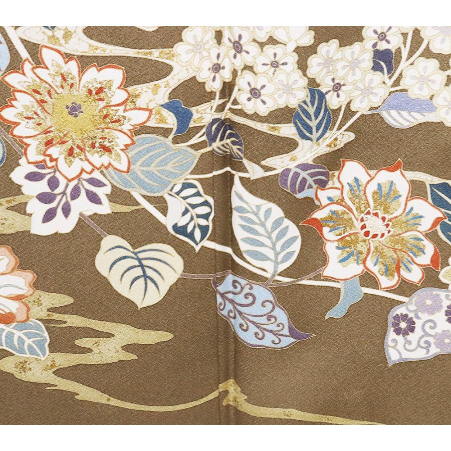 訪問着 袷 正絹 茶色 唐花 金駒刺繍 Sサイズ ki29680 美品 ほうもんぎ
