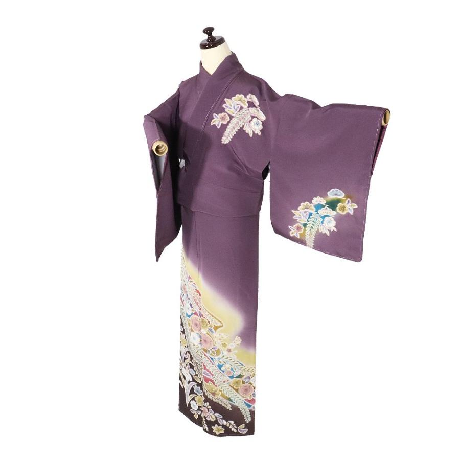 辻が花訪問着 袷 正絹 紫 辛子色 ローズピンク グリーン 濃い紫 暈し 絞り 辻が花 菖蒲 蝶 Mサイズ ki29698 新品 フォーマル 送料込みの画像