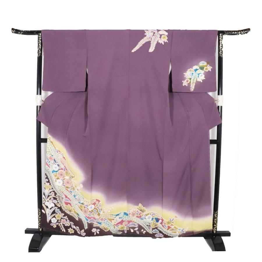 辻が花訪問着 袷 正絹 紫 辛子色 ローズピンク グリーン 濃い紫 暈し 絞り 辻が花 菖蒲 蝶 Mサイズ ki29698 新品 フォーマル 送料込みの画像