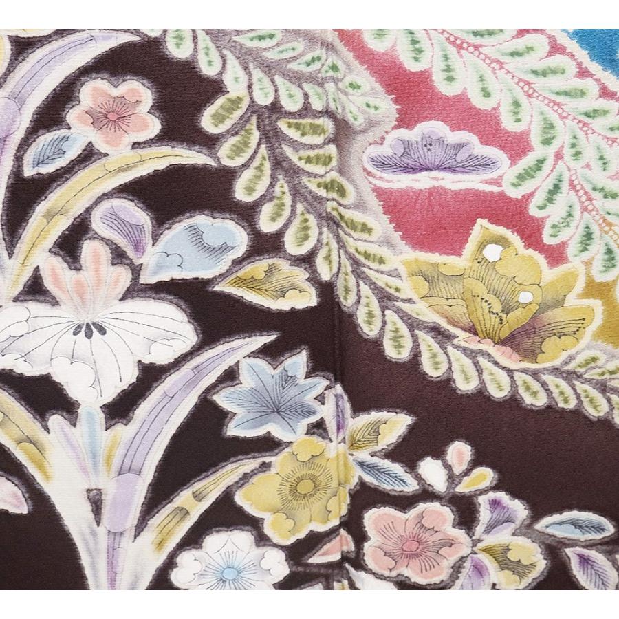 辻が花訪問着 袷 正絹 紫 辛子色 ローズピンク グリーン 濃い紫 暈し 絞り 辻が花 菖蒲 蝶 Mサイズ ki29698 新品 フォーマル 送料込みの画像