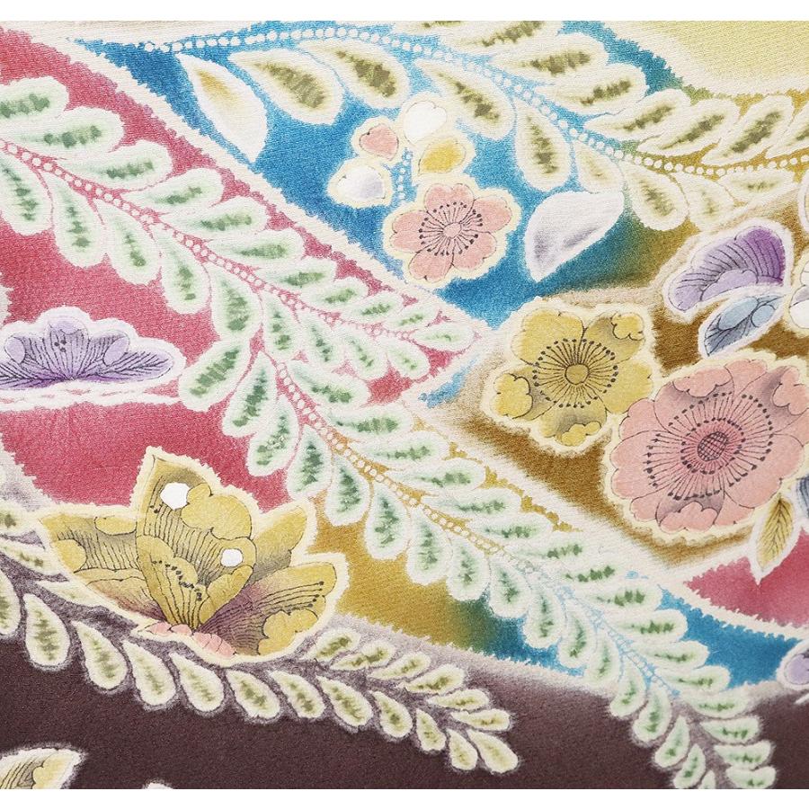 辻が花訪問着 袷 正絹 紫 辛子色 ローズピンク グリーン 濃い紫 暈し 絞り 辻が花 菖蒲 蝶 Mサイズ ki29698 新品 フォーマル 送料込みの画像