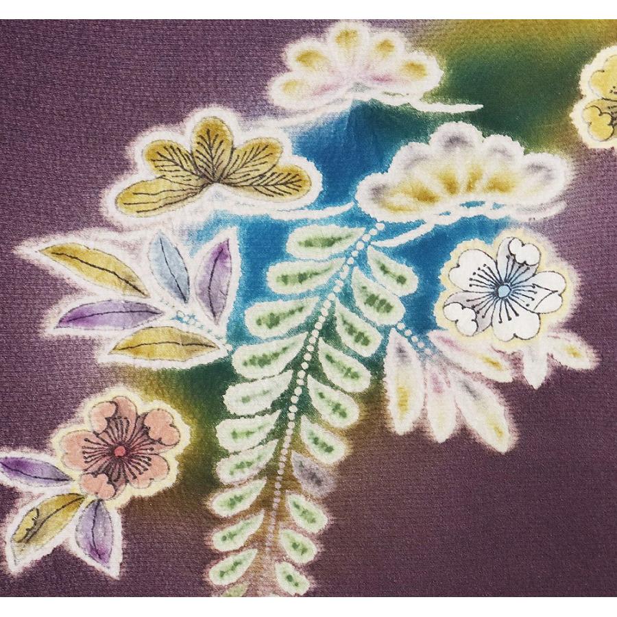 辻が花訪問着 袷 正絹 紫 辛子色 ローズピンク グリーン 濃い紫 暈し 絞り 辻が花 菖蒲 蝶 Mサイズ ki29698 新品 フォーマル 送料込みの画像