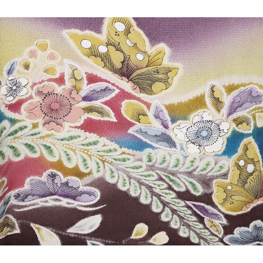 辻が花訪問着 袷 正絹 紫 辛子色 ローズピンク グリーン 濃い紫 暈し 絞り 辻が花 菖蒲 蝶 Mサイズ ki29698 新品 フォーマル 送料込みの画像