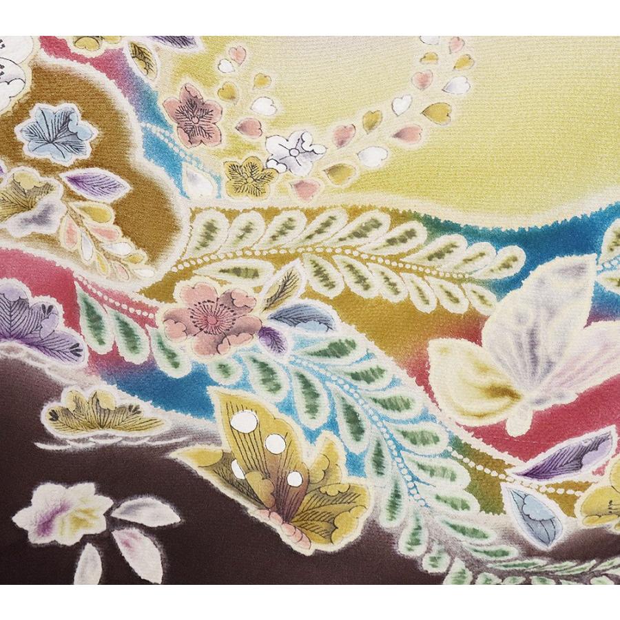 辻が花訪問着 袷 正絹 紫 辛子色 ローズピンク グリーン 濃い紫 暈し 絞り 辻が花 菖蒲 蝶 Mサイズ ki29698 新品 フォーマル 送料込みの画像