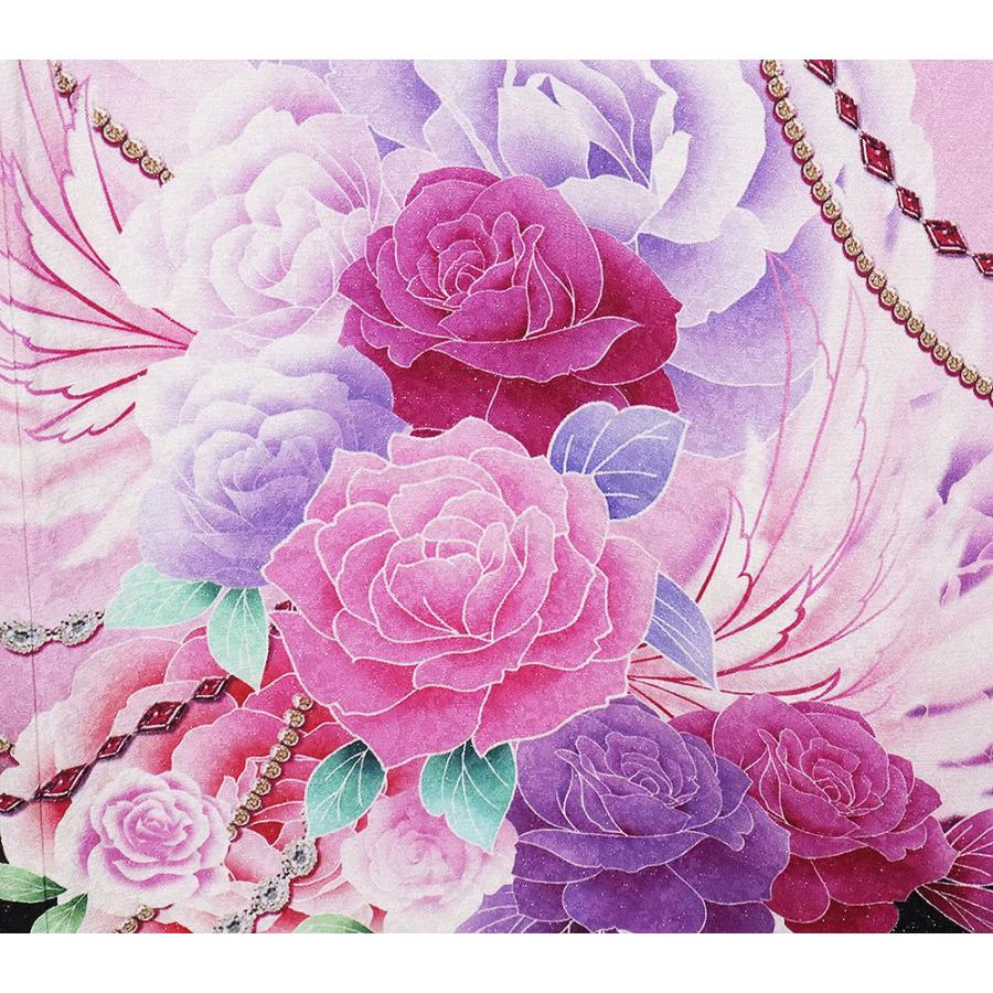 振袖 袷 正絹 黒 ピンク ローズピンク 薔薇 孔雀の羽 ハート 