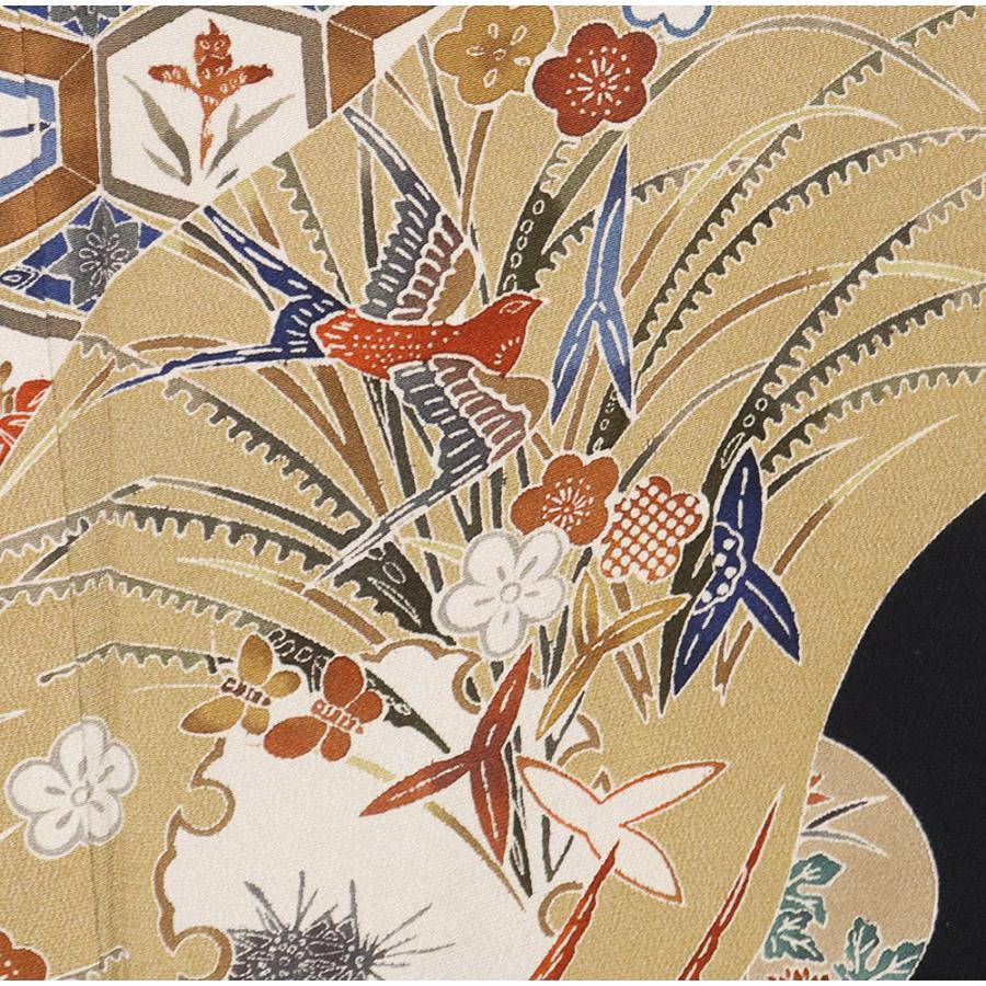 訪問着 袷 正絹 黒 茶色 ベージュ 亀甲文 丸文 雪輪文 茶屋辻 桜