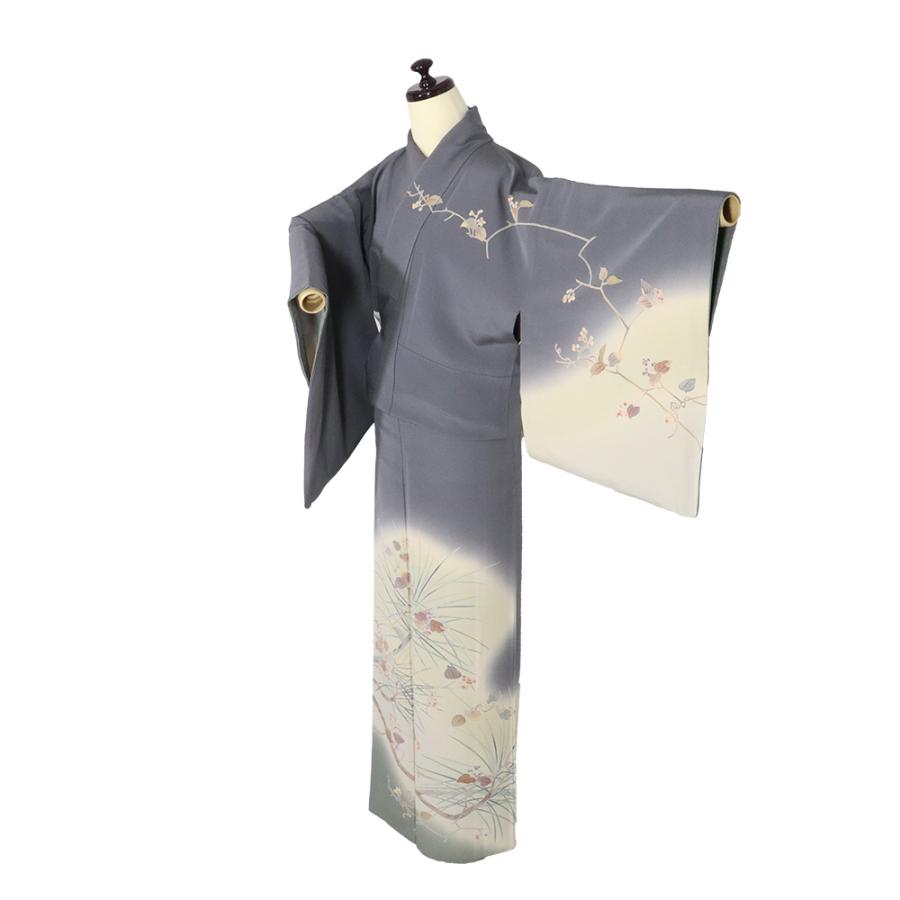 十日町友禅 田村哲彦氏作 訪問着 袷 正絹 グレー紫 ベージュ 手描き