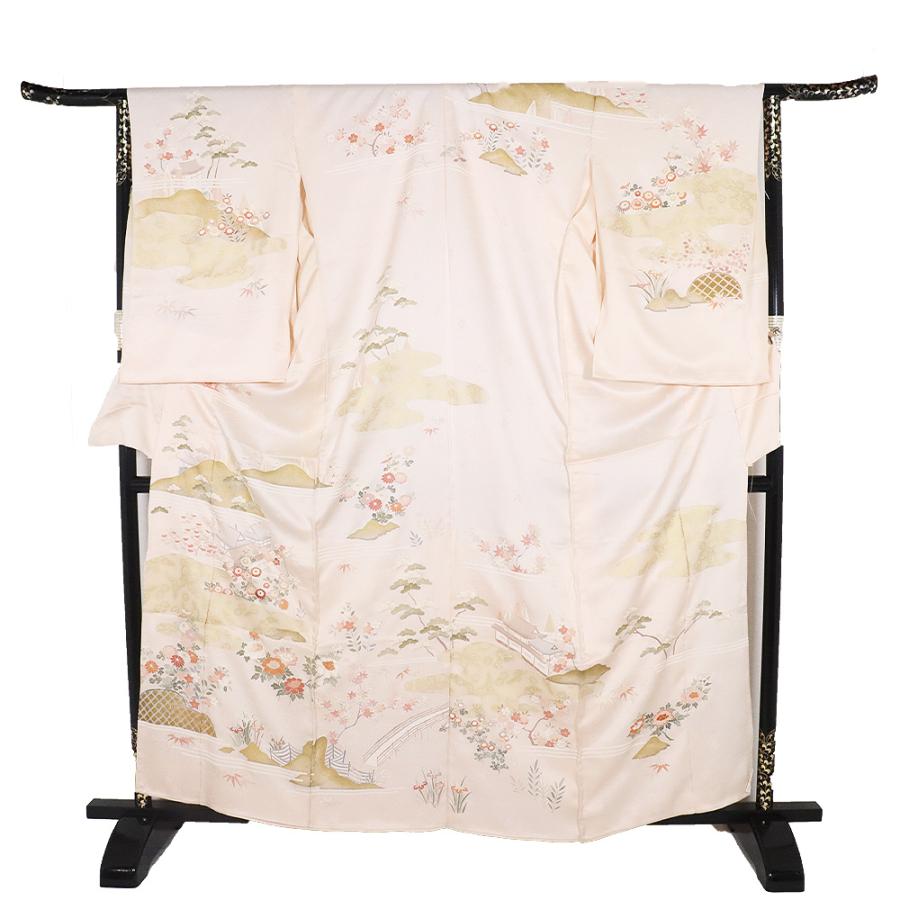 仮絵羽 訪問着 正絹 ピンク オフホワイト 金箔 茶屋辻 松竹梅 菊 桔梗