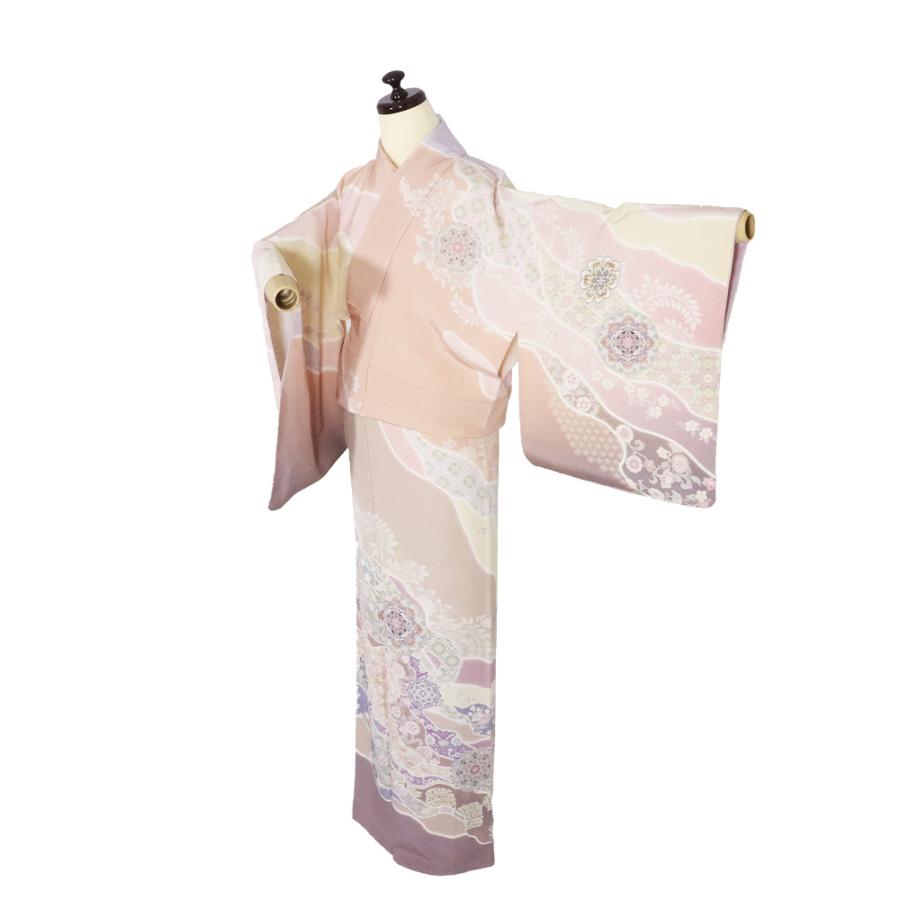訪問着 袷 正絹 ベージュ サーモンピンク 薄紫 ピンク 紫 唐花 華文 花兎 パルメット唐草文様 Lサイズ ki30229 新品 フォーマル 送料込みの画像