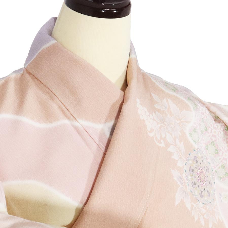 訪問着 袷 正絹 ベージュ サーモンピンク 薄紫 ピンク 紫 唐花 華文 花兎 パルメット唐草文様 Lサイズ ki30229 新品 フォーマル 送料込みの画像