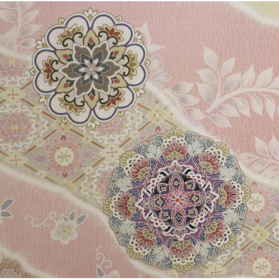 訪問着 袷 正絹 ベージュ サーモンピンク 薄紫 ピンク 紫 唐花 華文 花兎 パルメット唐草文様 Lサイズ ki30229 新品 フォーマル 送料込みの画像