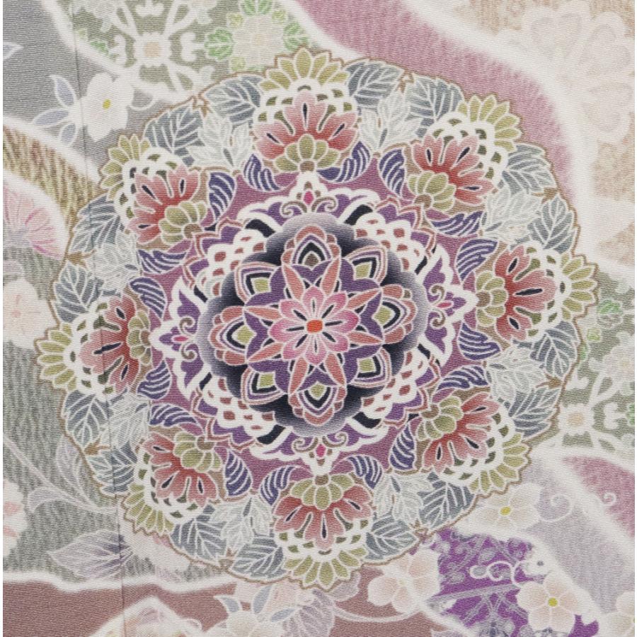 訪問着 袷 正絹 ベージュ サーモンピンク 薄紫 ピンク 紫 唐花 華文 花兎 パルメット唐草文様 Lサイズ ki30229 新品 フォーマル 送料込みの画像