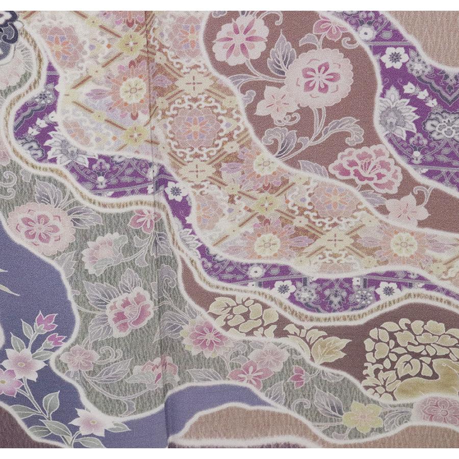 訪問着 袷 正絹 ベージュ サーモンピンク 薄紫 ピンク 紫 唐花 華文 花兎 パルメット唐草文様 Lサイズ ki30229 新品 フォーマル 送料込みの画像