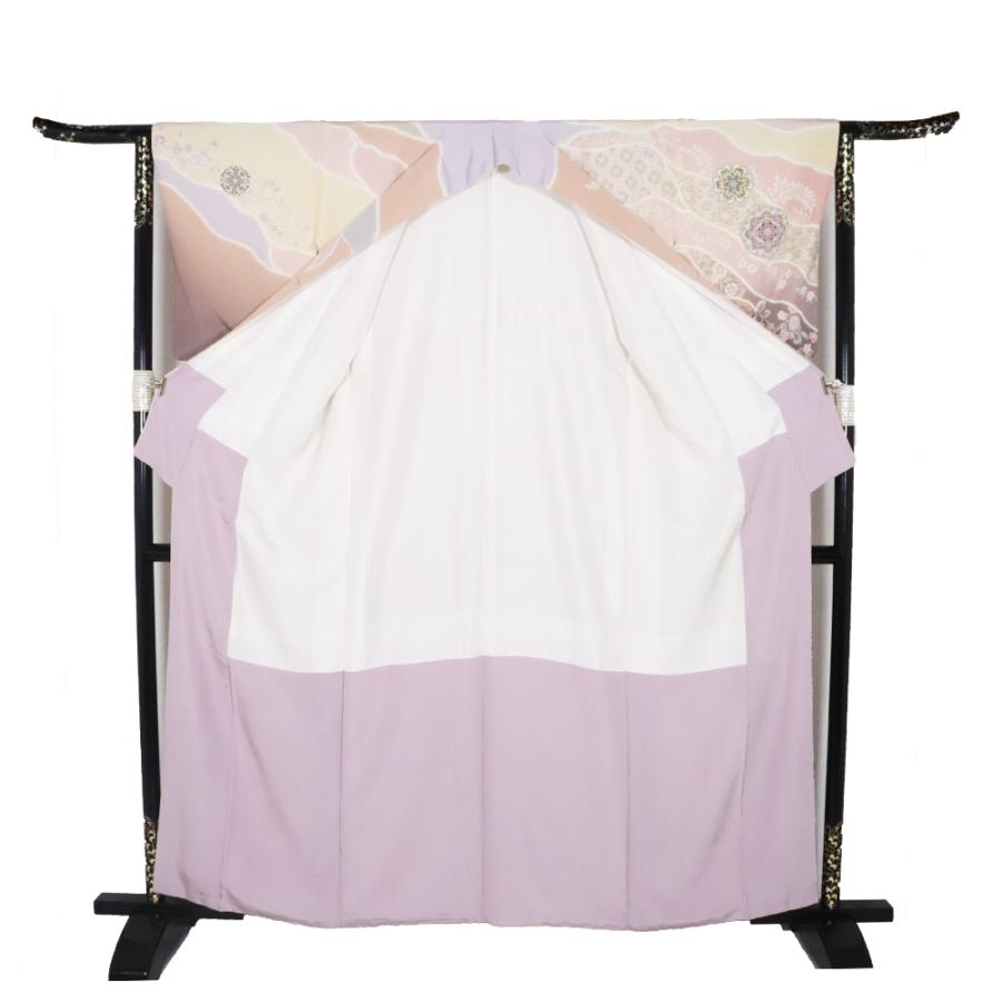 訪問着 袷 正絹 ベージュ サーモンピンク 薄紫 ピンク 紫 唐花 華文 花兎 パルメット唐草文様 Lサイズ ki30229 新品 フォーマル 送料込みの画像