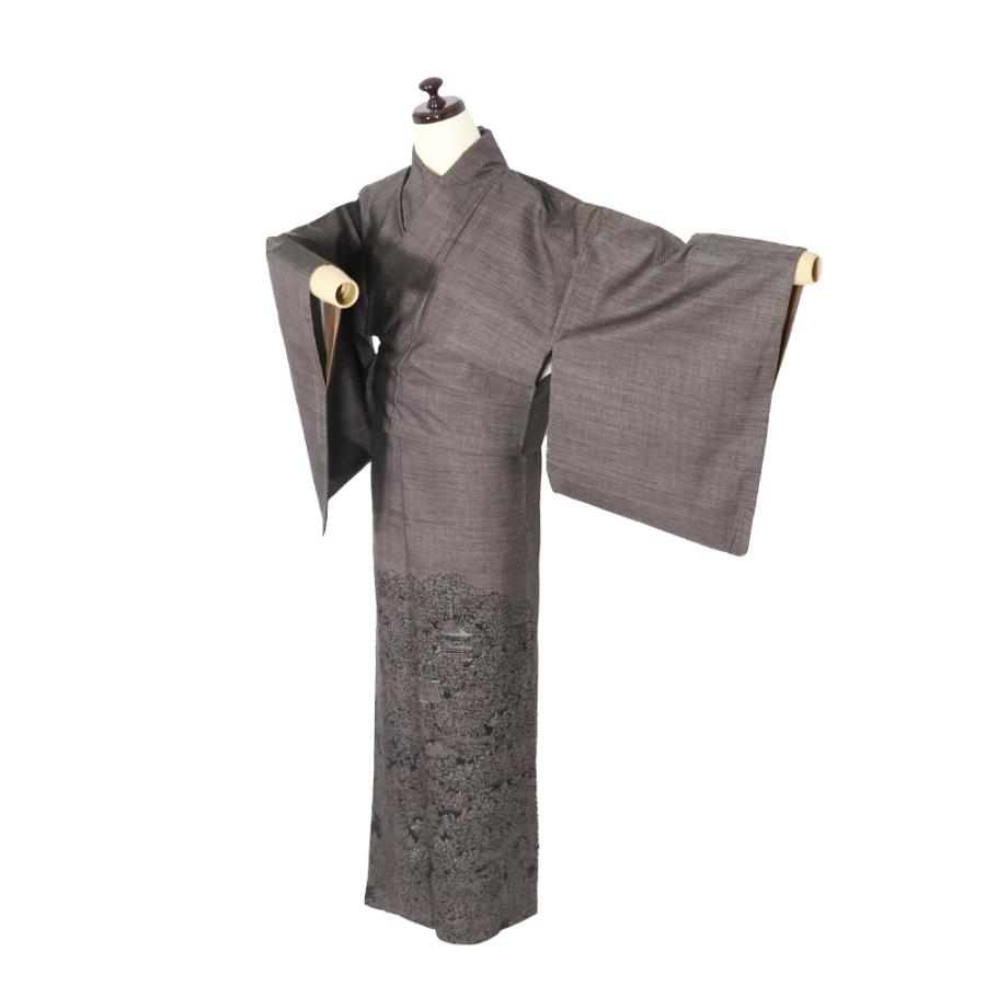 大島紬 訪問着 袷 正絹 濃茶 三重塔 都風景 Mサイズ ki30301 美品 おお 