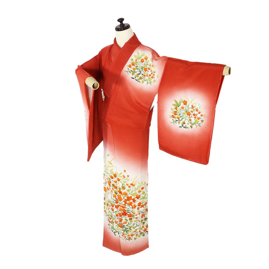 縮緬訪問着 袷 正絹 赤 暈し 草花 7号 Mサイズ ki30322 美品 ほうもん