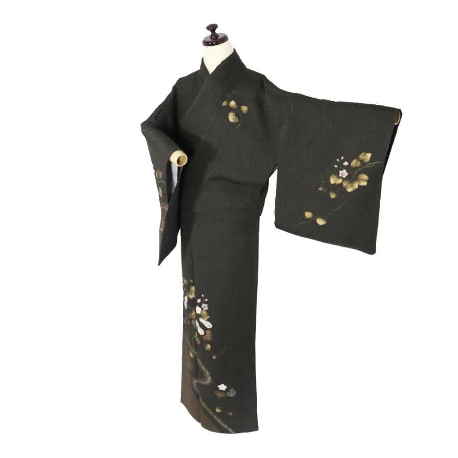 訪問着 袷 正絹 濃い抹茶色 刺繍 鶴 松竹梅 宝尽くし 絞り 瓢箪