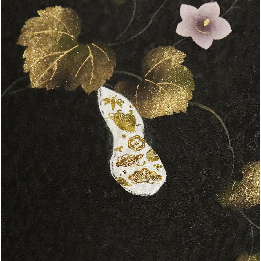 訪問着 袷 正絹 濃い抹茶色 刺繍 鶴 松竹梅 宝尽くし 絞り 瓢箪 13号 L 