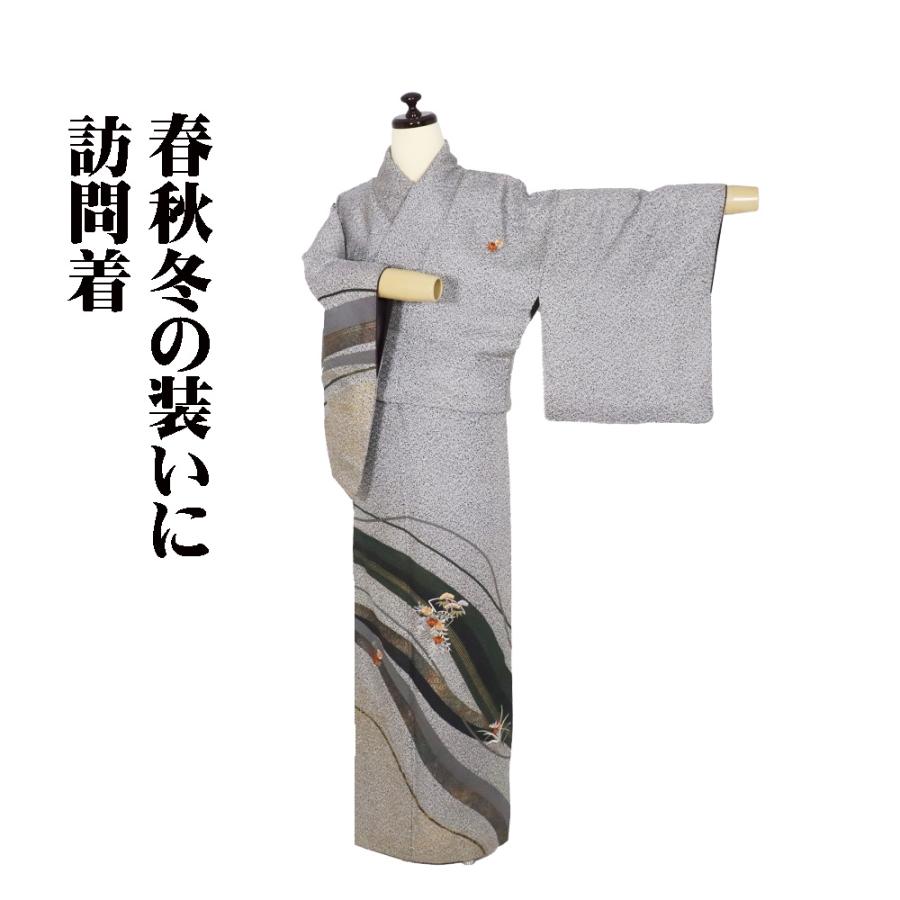 訪問着 袷 正絹 白 黒 刺繍 松 笹 桜 地紙文 流水 Sサイズ ki30362 美 