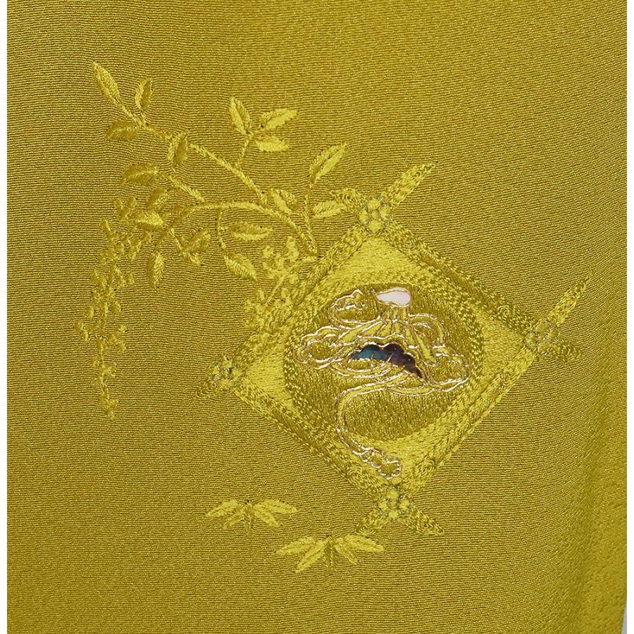 甲斐泰造氏作 色留袖 訪問着 袷 正絹 緑黄色 螺鈿 宝尽くし 刺繍