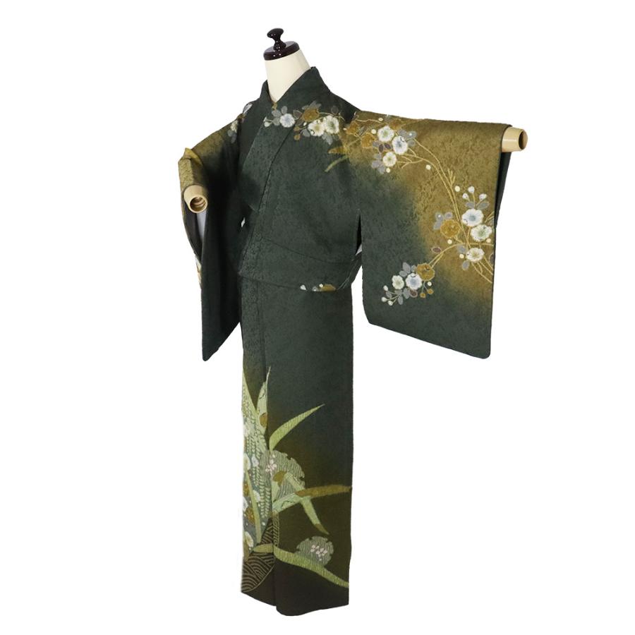 辻が花訪問着 袷 正絹 緑 抹茶色暈し 辻が花 Sサイズ ki30438 美品 