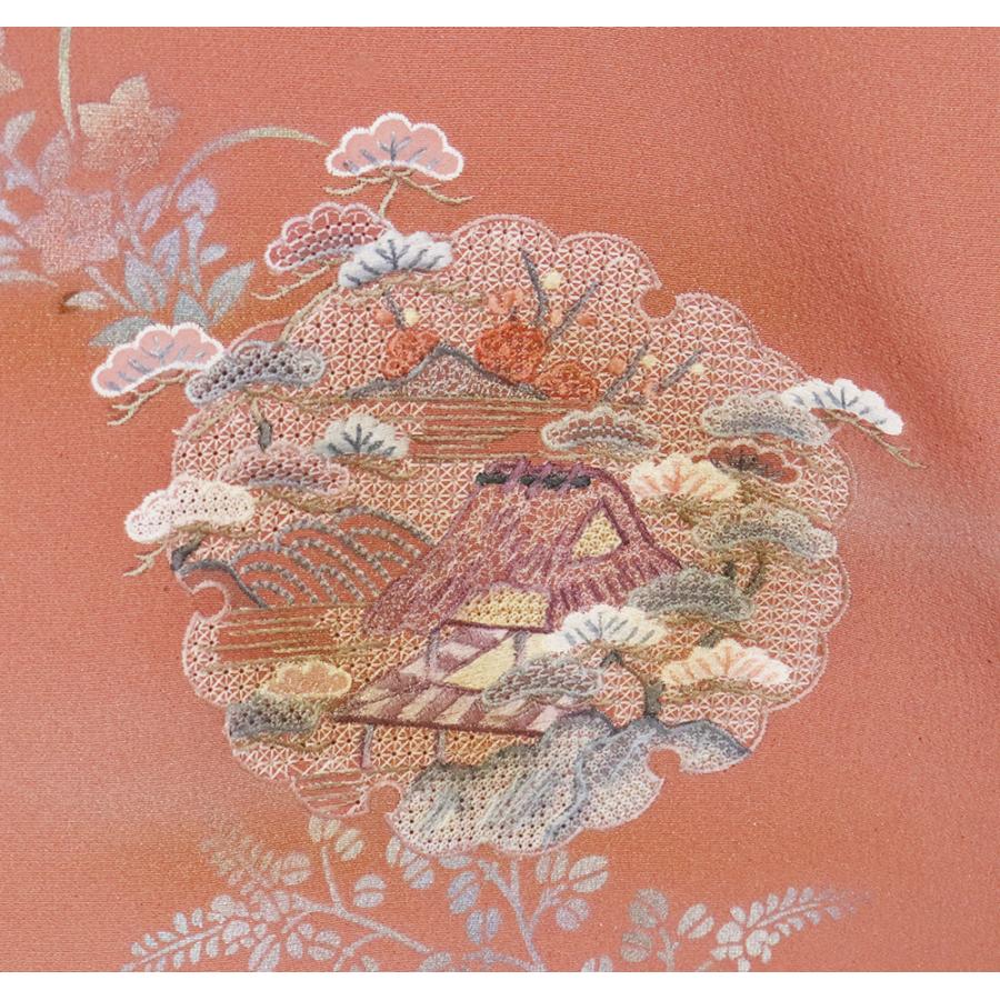 訪問着 袷 正絹 濃いピンク ベージュ 水色 刺繍 雪輪文 茶屋辻 松竹梅 