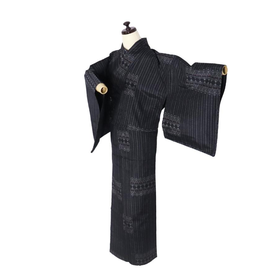 単衣 紬 正絹 黒 パルメット唐草文様 縦縞 Lサイズ ki30602 未使用品 