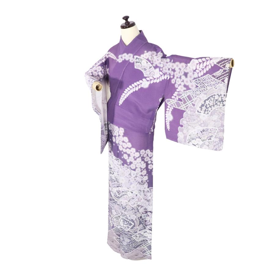 絽 辻が花訪問着 正絹 紫 白暈し 辻が花 地紙文 雪輪文 ki30734 新品 トールサイズ 夏着物 盛夏 レディース ギフト フォーマル 送料込みの画像