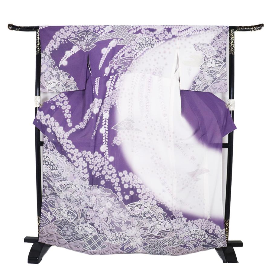 絽 辻が花訪問着 正絹 紫 白暈し 辻が花 地紙文 雪輪文 ki30734 新品 トールサイズ 夏着物 盛夏 レディース ギフト フォーマル 送料込みの画像
