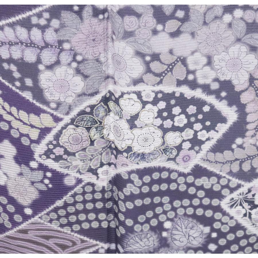 絽 辻が花訪問着 正絹 紫 白暈し 辻が花 地紙文 雪輪文 ki30734 新品 トールサイズ 夏着物 盛夏 レディース ギフト フォーマル 送料込みの画像