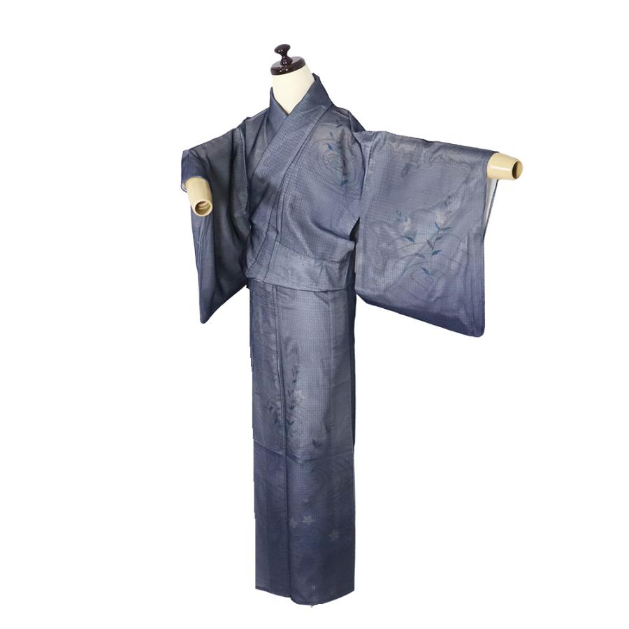 二重紗 訪問着 正絹 濃紺 白 紫 暈し 紋紗 小格子 桔梗 SSサイズ 