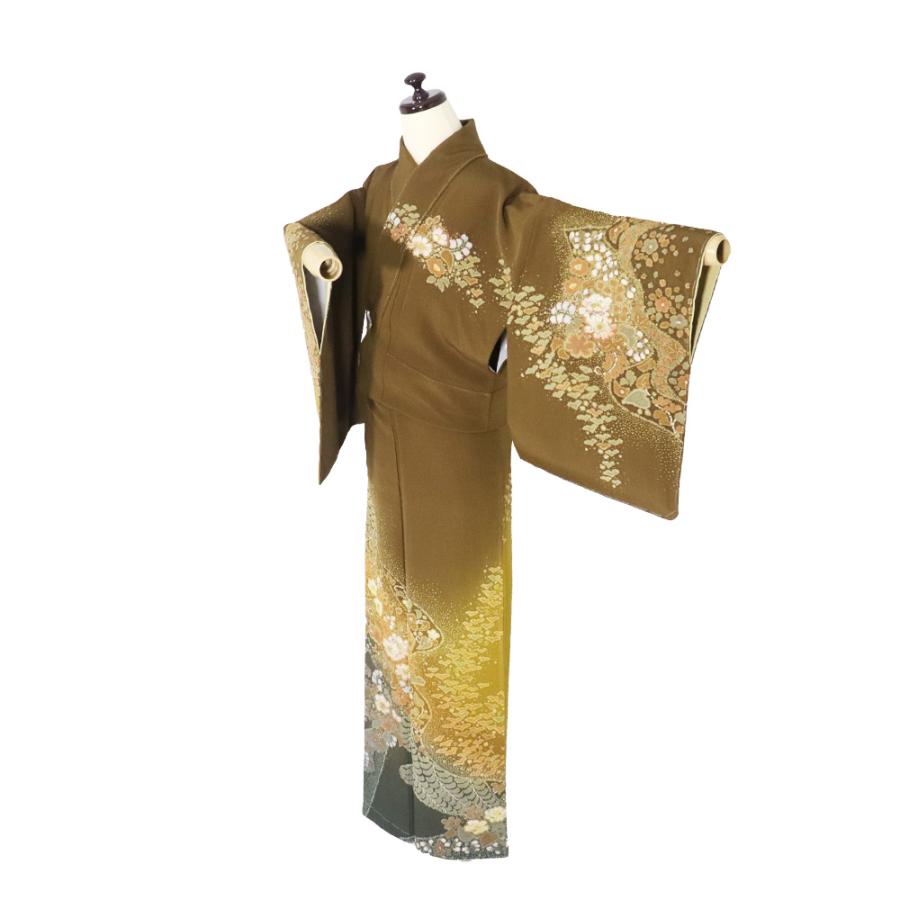 京辻が花作家 吉野一廉氏作 辻が花訪問着 袷 正絹 抹茶井色 黄土色 緑 絞り 辻が花 Lサイズ ki30952 新品 ギフト フォーマル 送料込みの画像