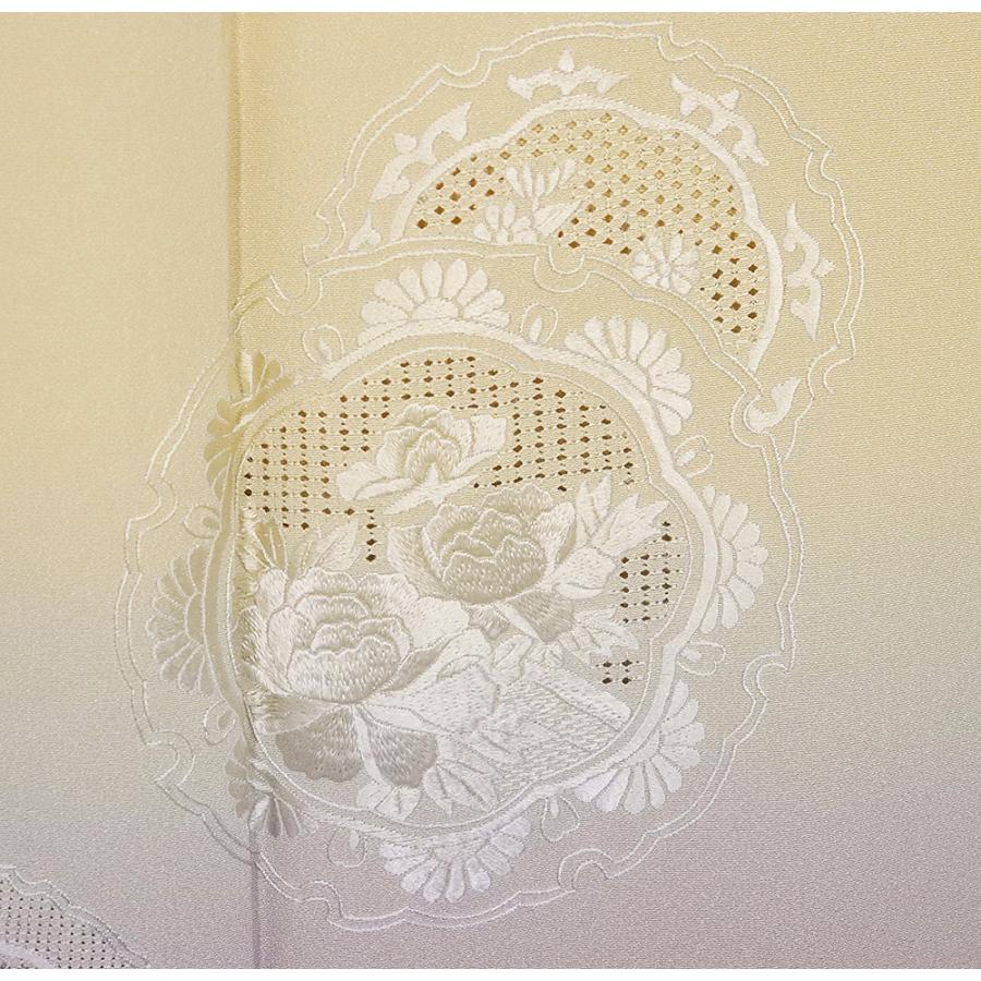 訪問着 袷 正絹 ベージュ 薄紫 抹茶色 三段暈し 刺繍 鏡文 牡丹 菊 笹 梅 Mサイズ ki30969 新品 フォーマル 30代 40代 50代 送料込みの画像