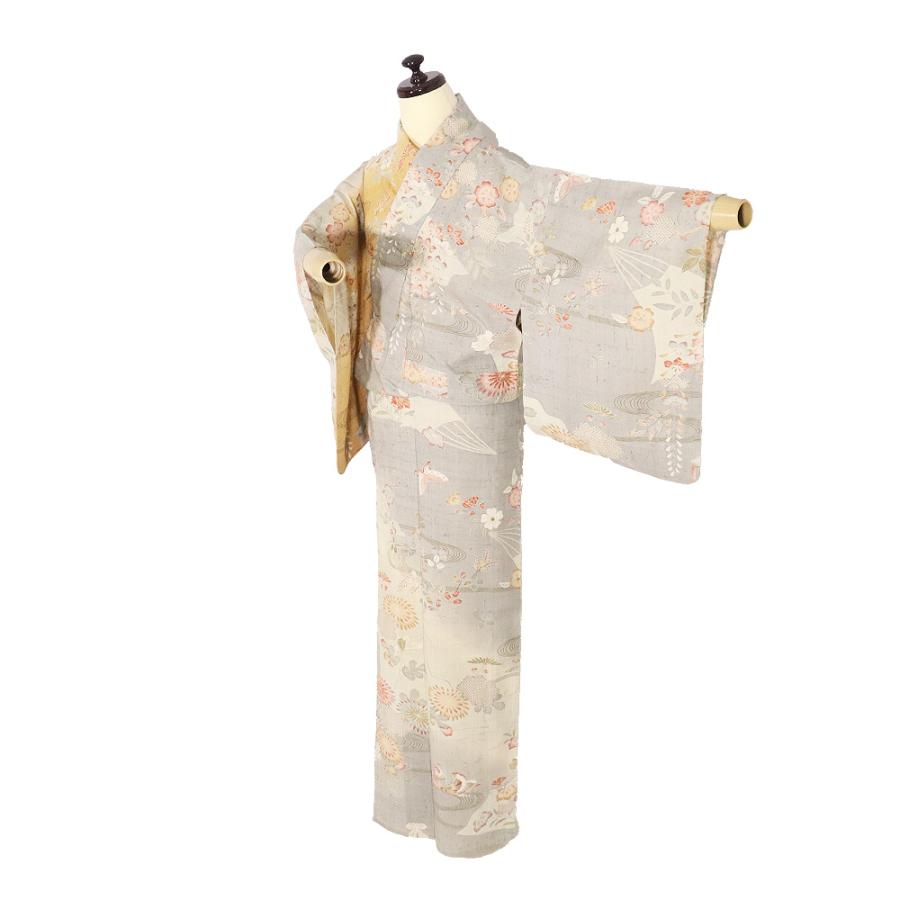 単衣 しょうざん紬 訪問着 正絹 薄緑 ベージュ オレンジ 扇子文 辻が花 藤 菊 オシドリ 蝶 貝桶 Sサイズ ki31063 美品 レディース 送料込み_1