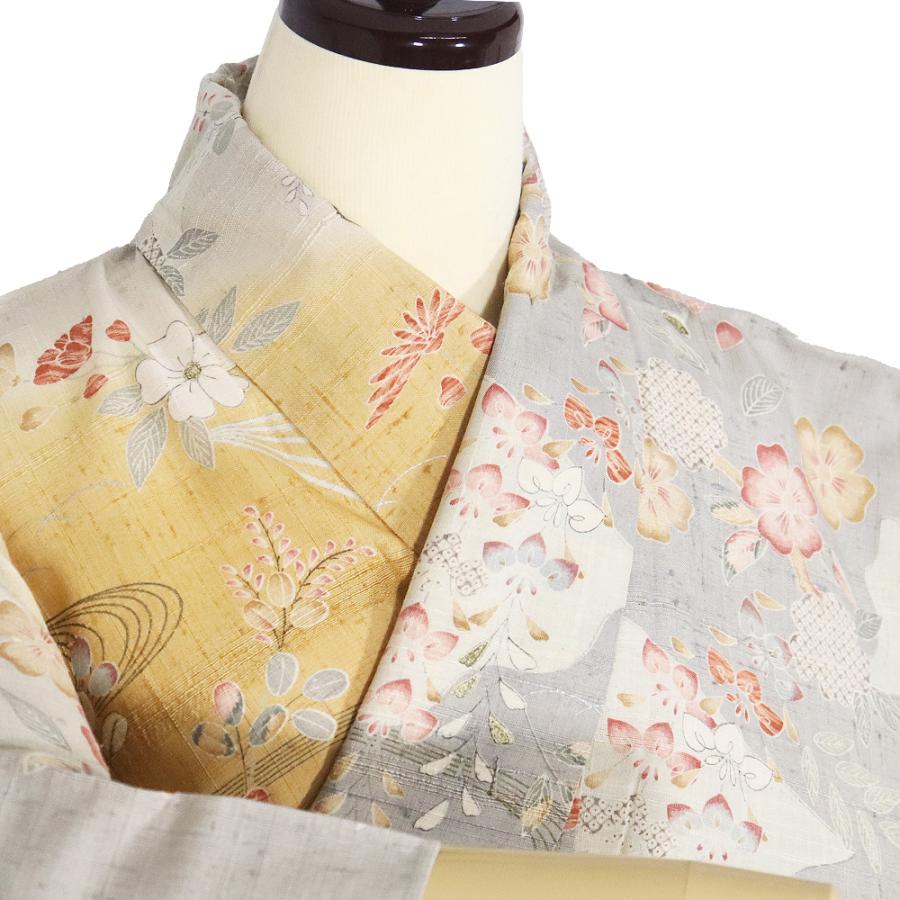 単衣 しょうざん紬 訪問着 正絹 薄緑 ベージュ オレンジ 扇子文 辻が花 藤 菊 オシドリ 蝶 貝桶 Sサイズ ki31063 美品 レディース 送料込み_2