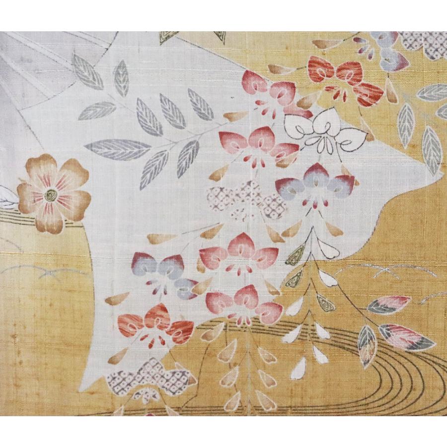 単衣 しょうざん紬 訪問着 正絹 薄緑 ベージュ オレンジ 扇子文 辻が花 藤 菊 オシドリ 蝶 貝桶 Sサイズ ki31063 美品 レディース 送料込み_4