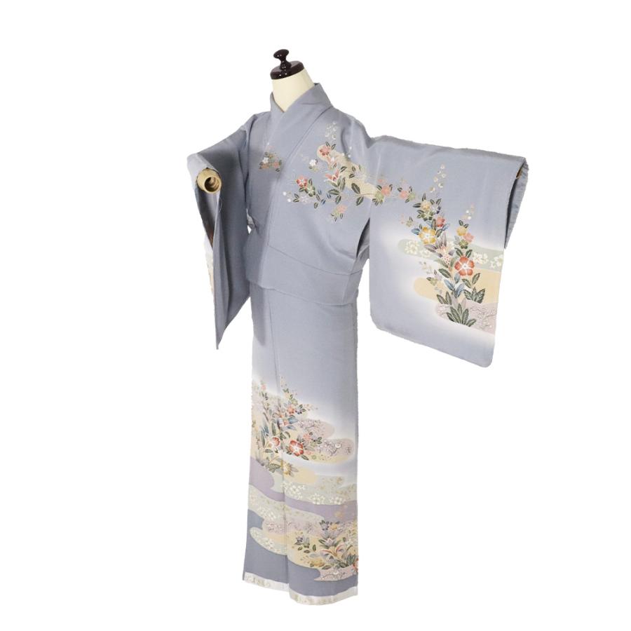 訪問着 袷 正絹 薄グレー グレー パルメット唐草文様 唐花 Lサイズ ki31104 新品 レディース ギフト フォーマル 30代 40代 50代 送料込みの画像