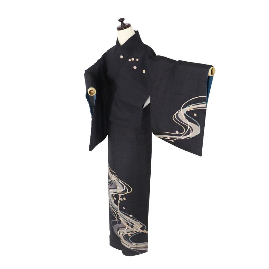 想染 生紬 訪問着 袷 正絹 墨黒 トンボ玉 組紐 流水 トールサイズ ki31143 美品 レディース シルク ギフト 30代 40代 50代 送料込み_1