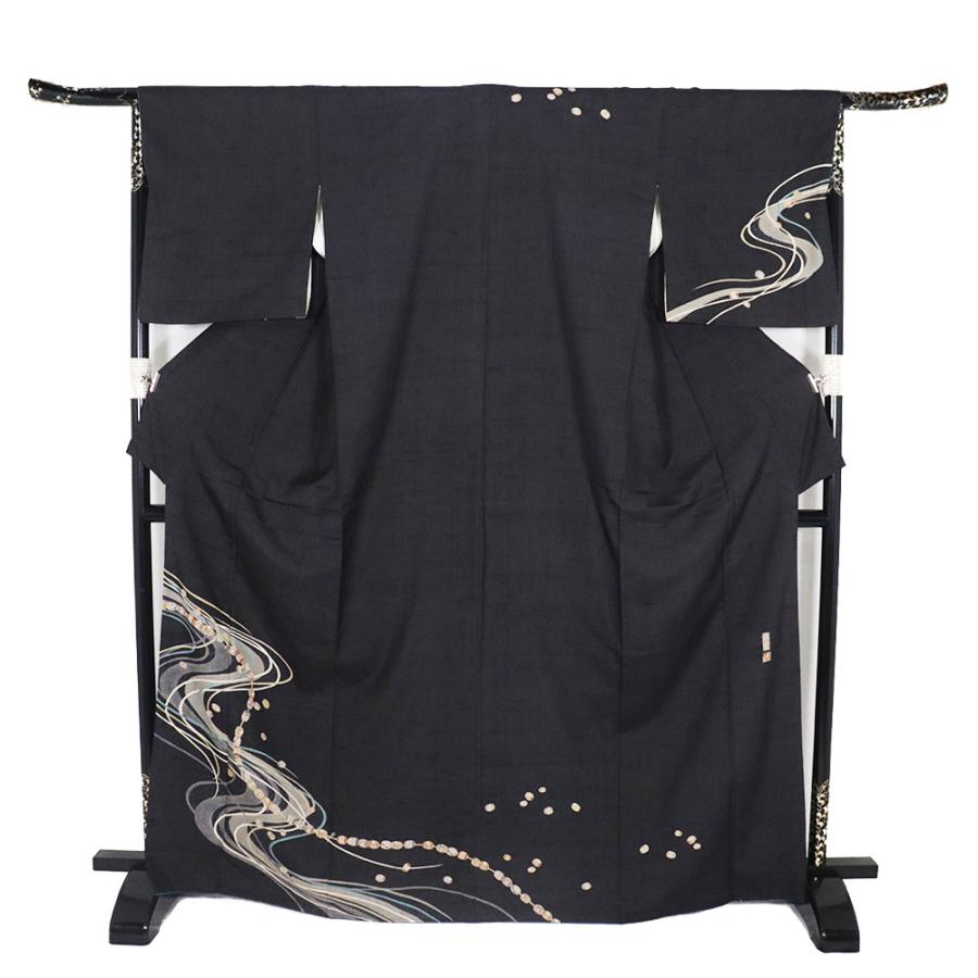 想染 生紬 訪問着 袷 正絹 墨黒 トンボ玉 組紐 流水 トールサイズ ki31143 美品 レディース シルク ギフト 30代 40代 50代 送料込み_3