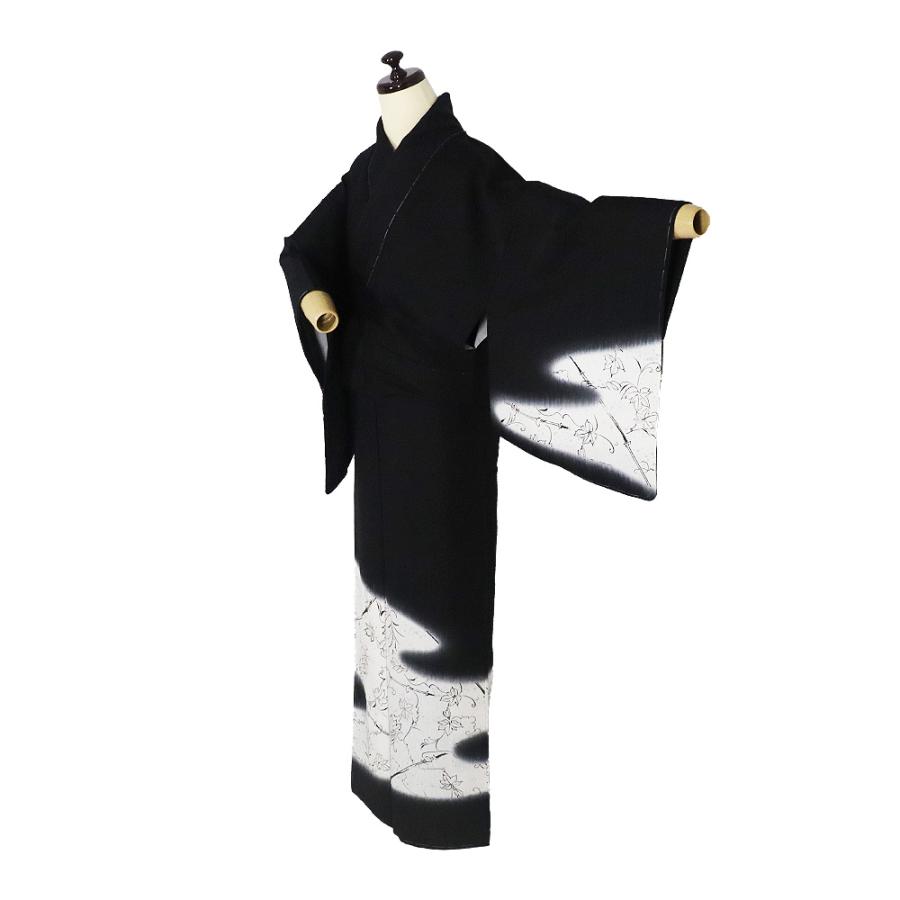 訪問着 袷 正絹 黒 白 暈し ふくれ織縞 蔦の葉 刺繍 銀箔ちらし Lサイズ ki31276 新品 レディース シルク ギフト フォーマル 送料無料の画像