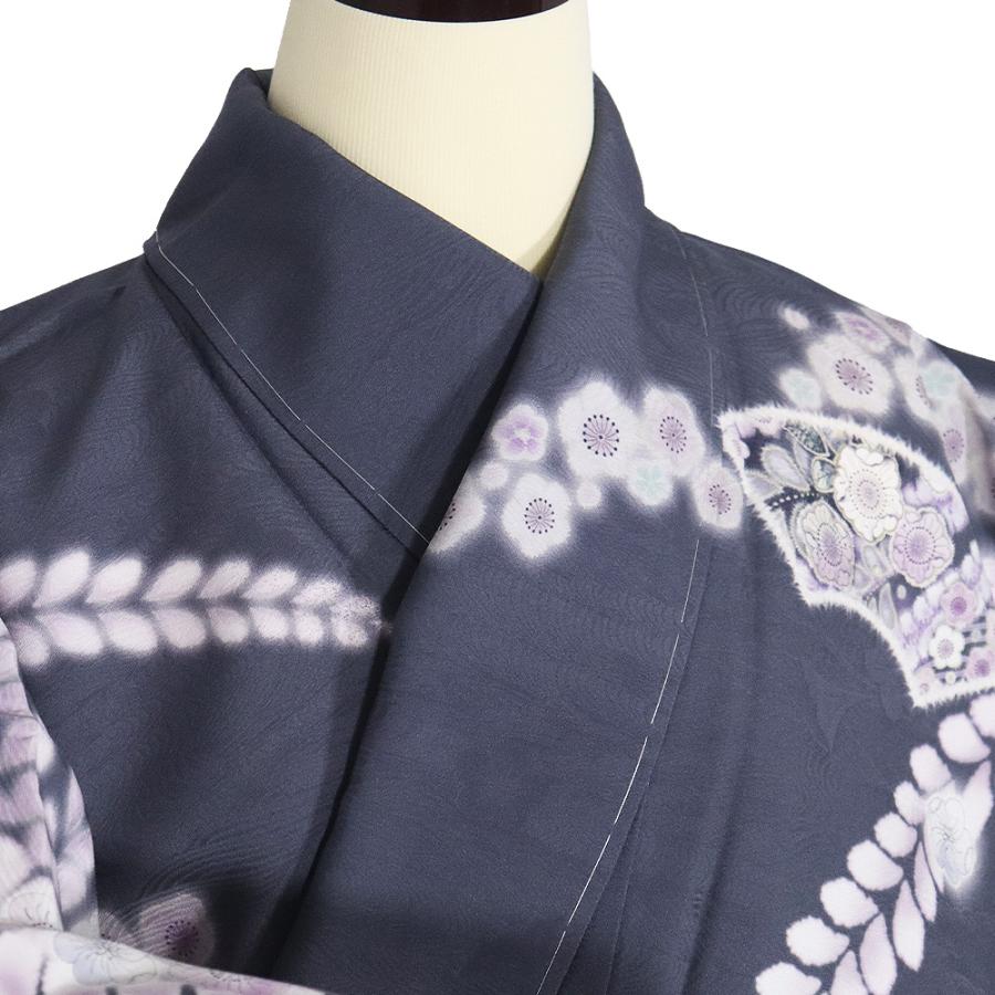 辻が花訪問着 袷 正絹 グレー紫 白 暈し 地紙文 雪輪文 辻が花 桜 梅 Lサイズ ki31397 新品 レディース シルク ギフト フォーマル 送料無料の画像