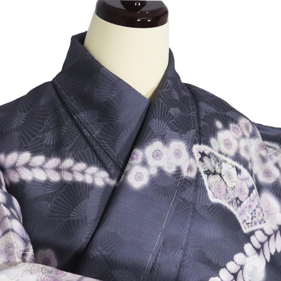 辻が花訪問着 袷 正絹 グレー紫 白 暈し 地紙文 雪輪文 辻が花 桜 梅 トールサイズ ki31398 新品 レディース ギフト フォーマル 送料無料の画像