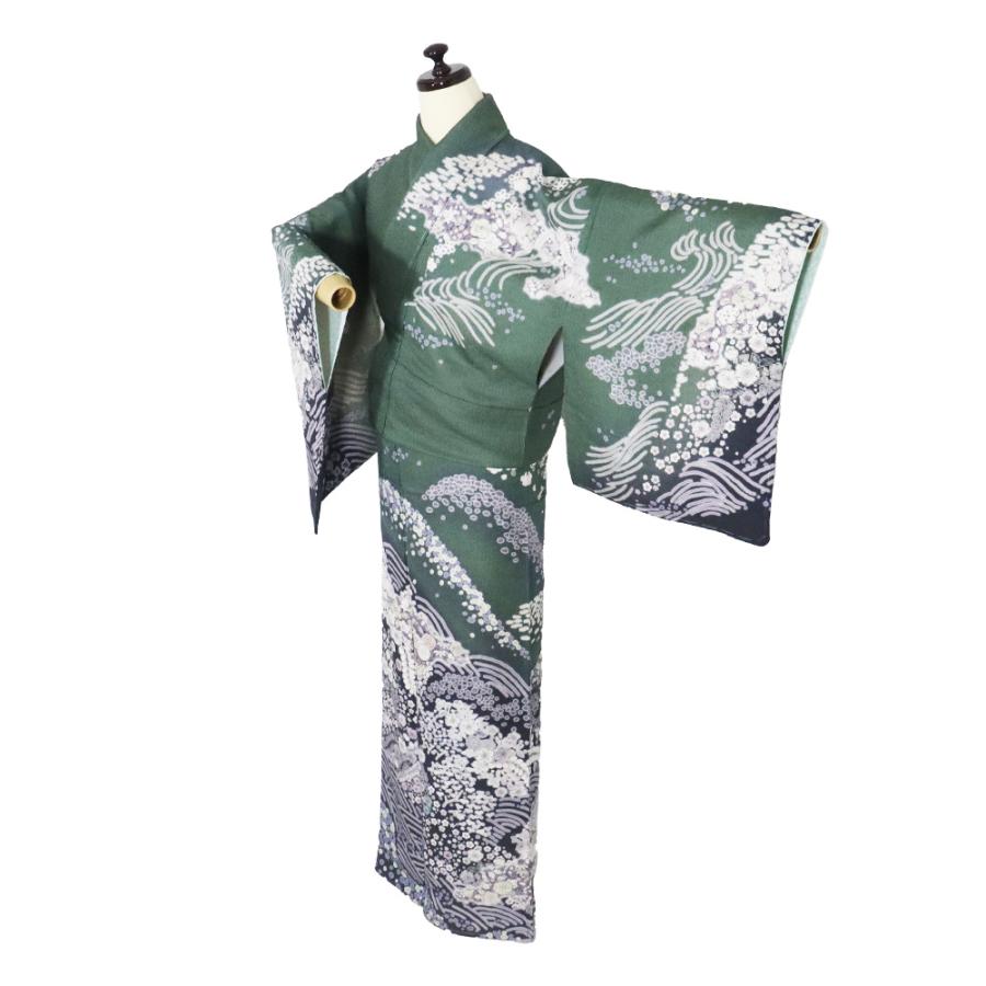 辻が花訪問着 袷 正絹 緑 グレー紫 薄緑 墨黒 暈し 辻が花 トールサイズ ki31581 新品 レディース シルク ギフト フォーマル 送料無料の画像