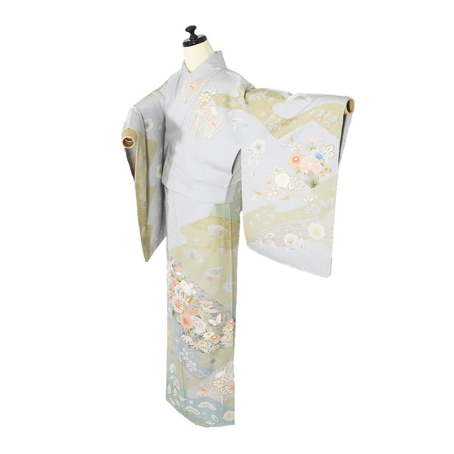 訪問着 袷 正絹 薄グレー 薄緑 抹茶色 金箔 松皮菱 松竹梅 菊 蝶 水仙 辻が花 Mサイズ ki31586 美品 レディース フォーマル 送料無料_1