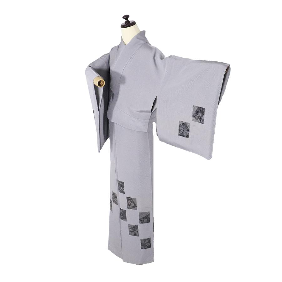 訪問着 袷 正絹 グレー ライトグレー 万筋 黒 花色紙 松竹梅 Mサイズ ki31656 新品 着物 レディース シルク ギフト フォーマル 送料無料の画像