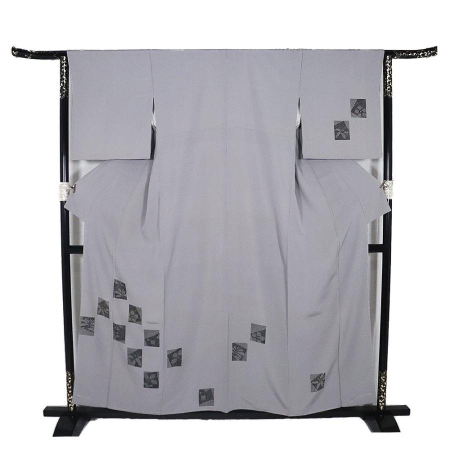 訪問着 袷 正絹 グレー ライトグレー 万筋 黒 花色紙 松竹梅 Mサイズ ki31656 新品 着物 レディース シルク ギフト フォーマル 送料無料の画像