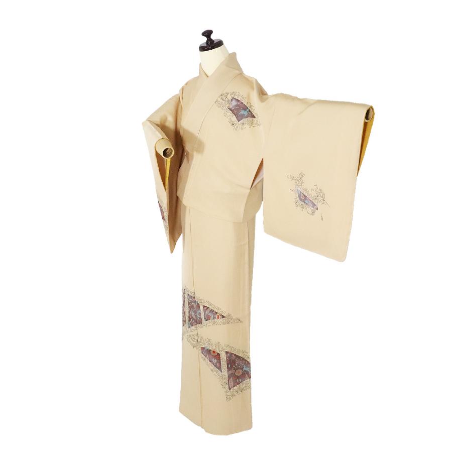 訪問着 袷 正絹 薄茶 花喰鳥 唐花 パルメット唐草文様 Lサイズ ki31682 新品 着物 レディース シルク ギフト フォーマル 送料無料_1