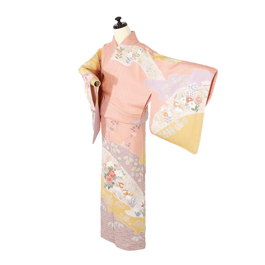 訪問着 袷 正絹 ピンク 橙色 紫 薄緑 赤紫 暈し オシドリ 牡丹 辻が花 菊 雪輪文 Lサイズ ki31743 新品 レディース フォーマル 送料無料の画像